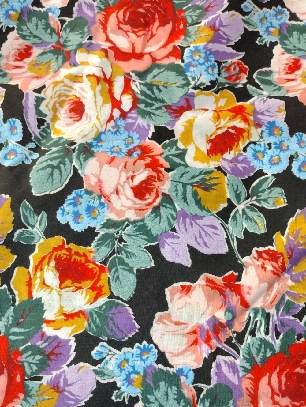 Floral Rose Print Fabric in Black with Multicolor Blooms Cotton 3 Yards